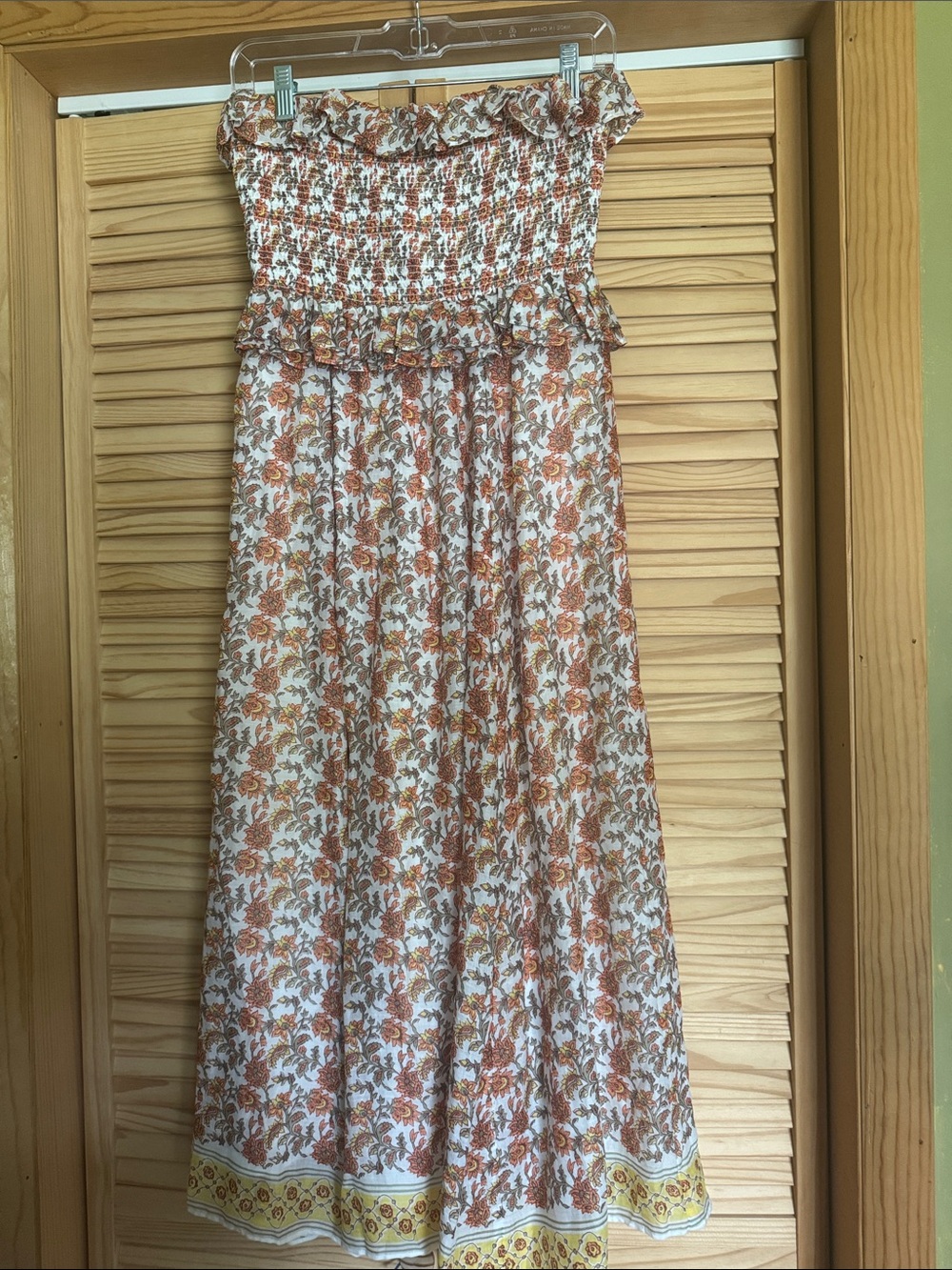 J. Crew Floral Midi Dress in White and Rust with Yellow Border